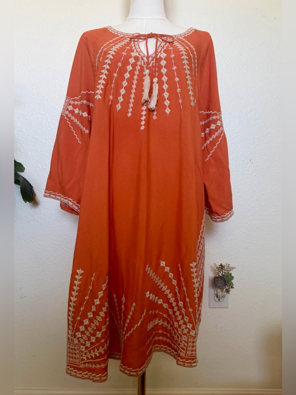 Tolani Rust Orange Bohemian Embroidered Tie-Neck Maxi Dress